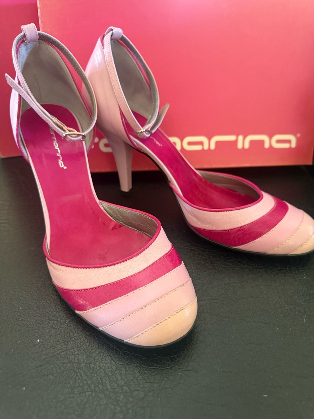 Fornarina Two-Tone Pink Stripe Leather Ankle-Strap 3 inch High Heels size 38, 7